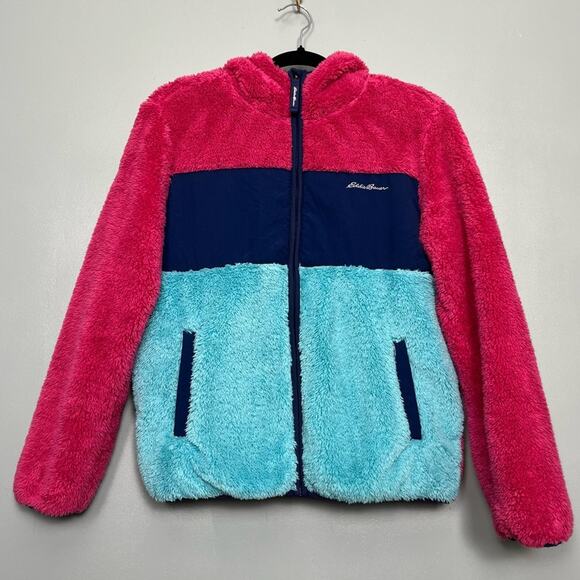 Eddie Bauer Youth Sherpa Fleece Color Block Zip Up Jacket Blue Pink Girl’s L - Picture 1 of 8